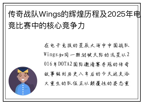 传奇战队Wings的辉煌历程及2025年电竞比赛中的核心竞争力