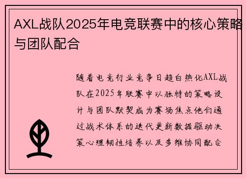 AXL战队2025年电竞联赛中的核心策略与团队配合