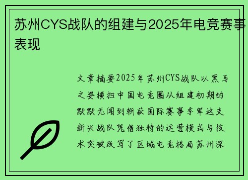 苏州CYS战队的组建与2025年电竞赛事表现